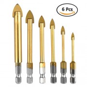 TIMESETL 6Pcs Tile Glass Drill Bit Set 4/5/6/8/10/12mm Spear Head Titanium Coating 1/4-inch Quick Change Drill Bit for Glass Tile Ceramic Mirror Po...